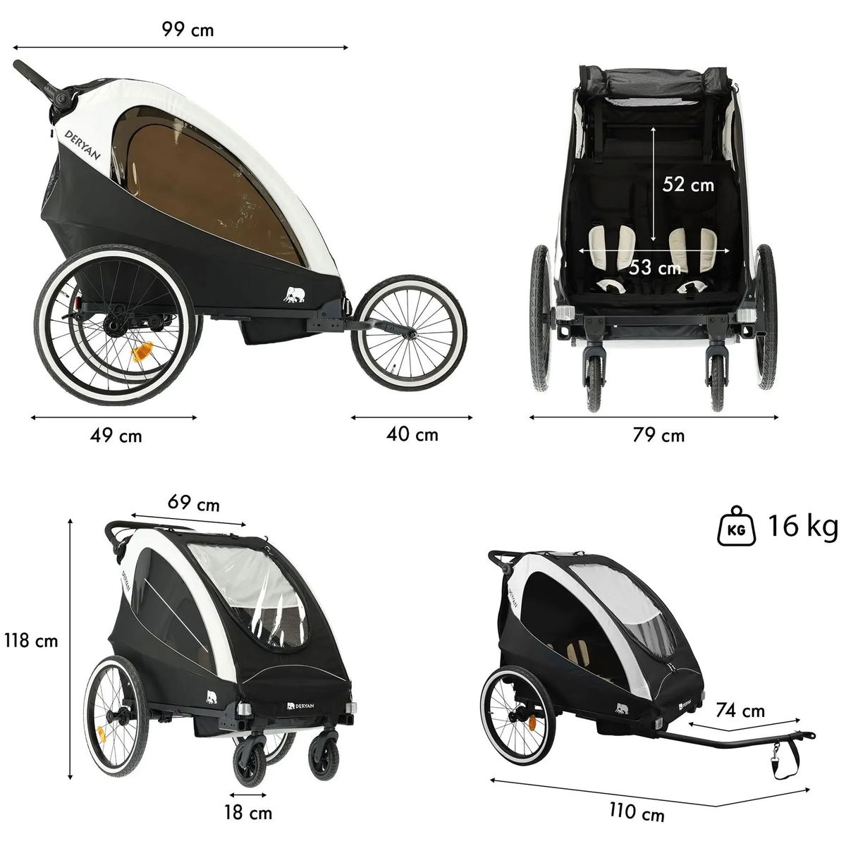 DERYANDERYAN   3in1 Fahrradanhänger für 2 Kinder weiss