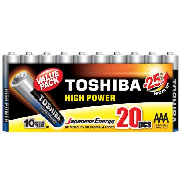 Pacote de alta potência Toshiba com 20 pilhas alcalinas AAA LR03 1,5 V