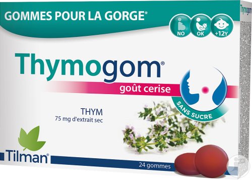 Tilman Thymogom Gommes Pour La Gorge Extrait Sec Thym Goût Cerise Sans Sucre 24 Gommes