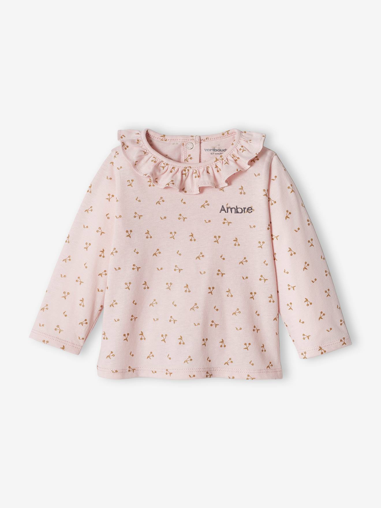 Camiseta personalizável com gola franzida para bebê menina, rosa claro.
