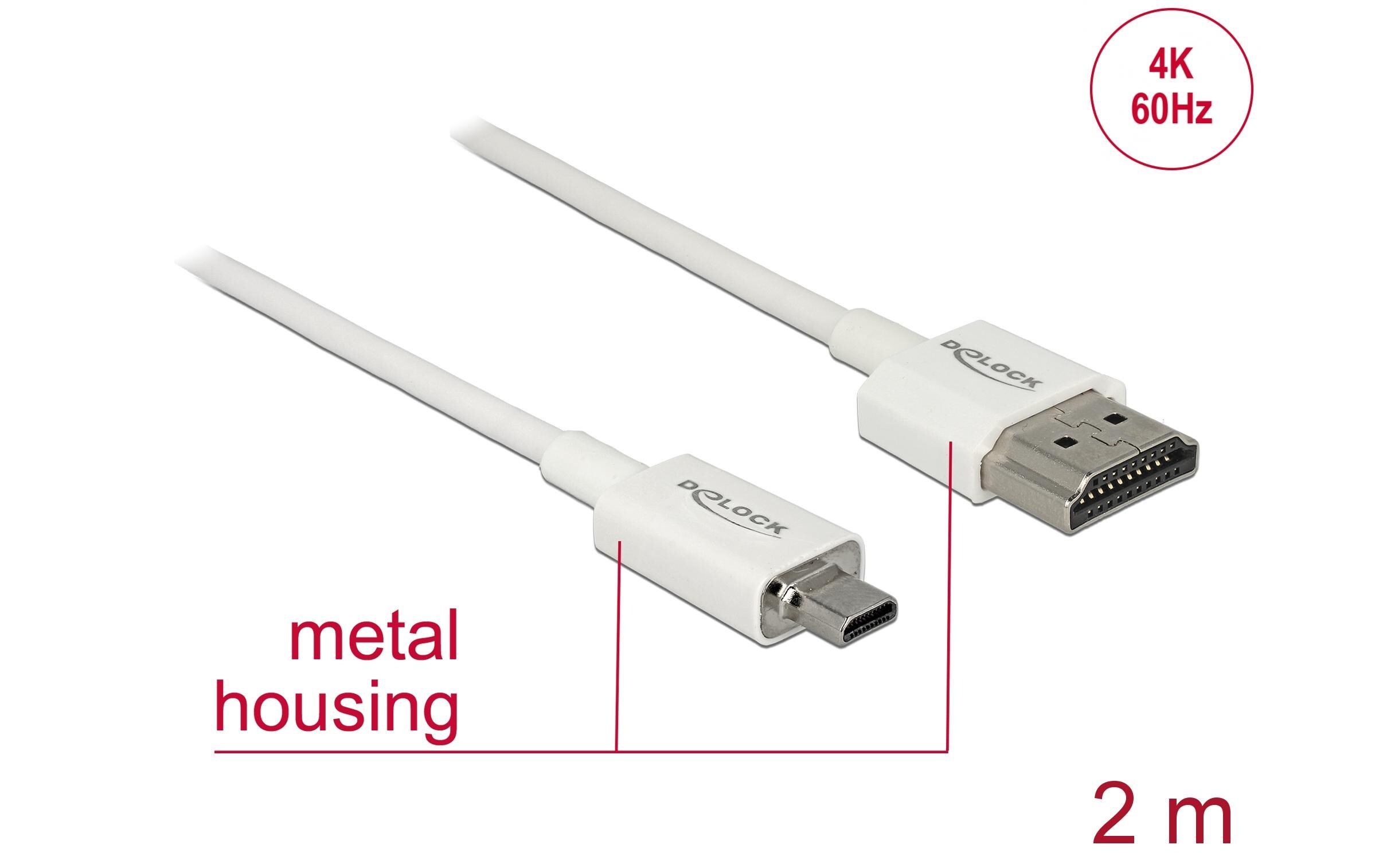 Kabel 4K 60Hz HDMI - Micro-HDMI (HDMI-D), 2 m, WeissDelock Kabel High Speed HDMI mit Ethernet – HDMI-A Stecker > HDMI Micro-D Stecker 3D 4K 2 m Slim High Quality