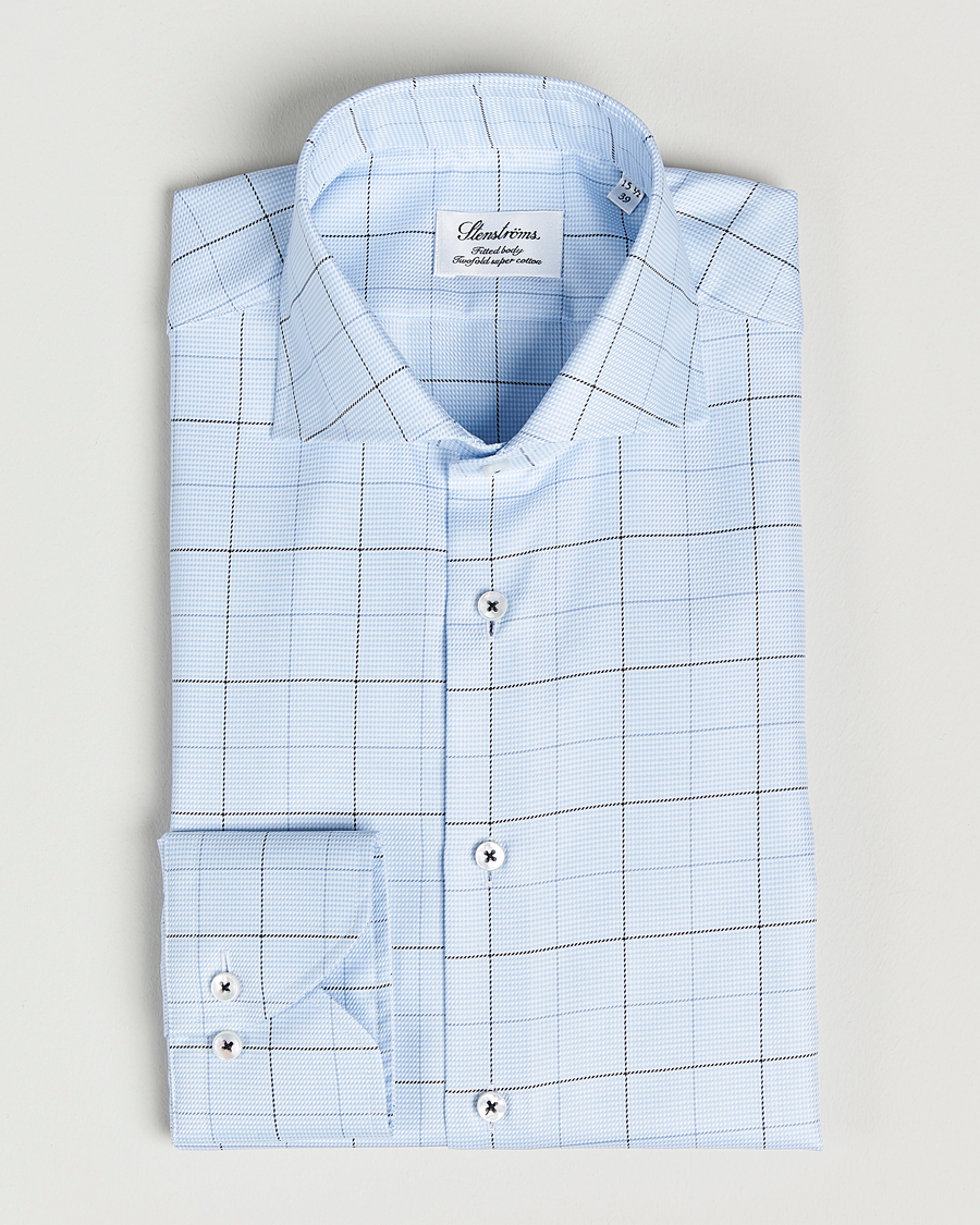 Stenströms Fitted Body Cut Away Windowpane Shirt Blue