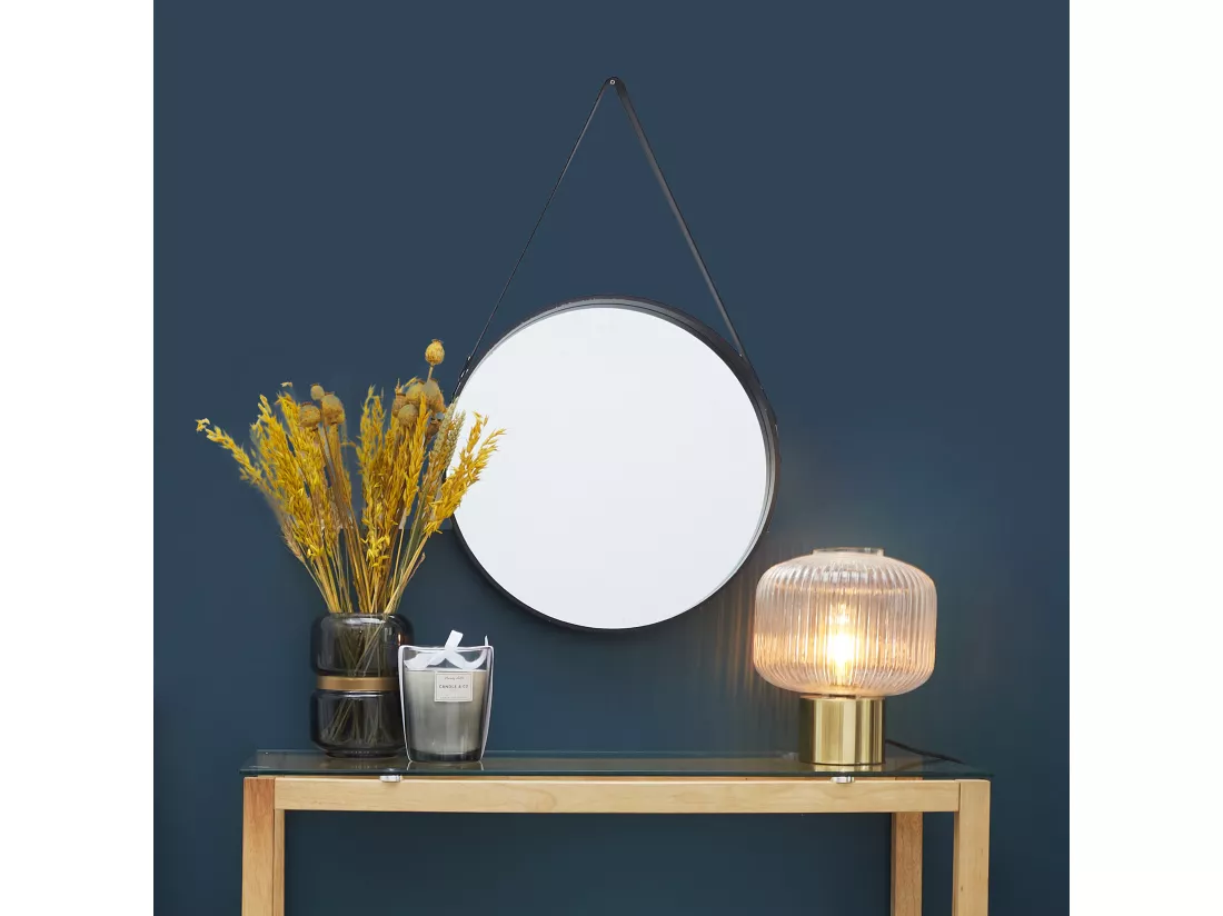 Miroir Rond Avec Anse Pu Noir 40cm