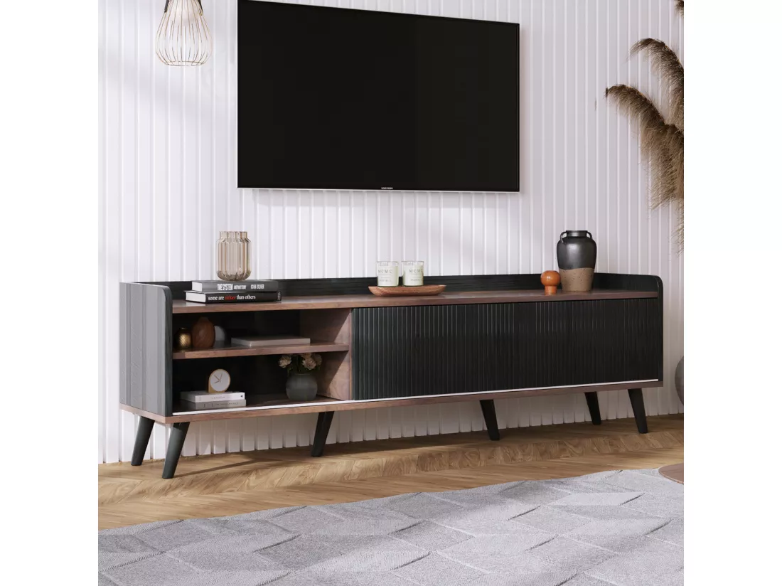 Meuble TV effet bois et noir avec 2 tiroirs au central et 2 portes coulissantes H58/L160/P40cm UNGRUDS