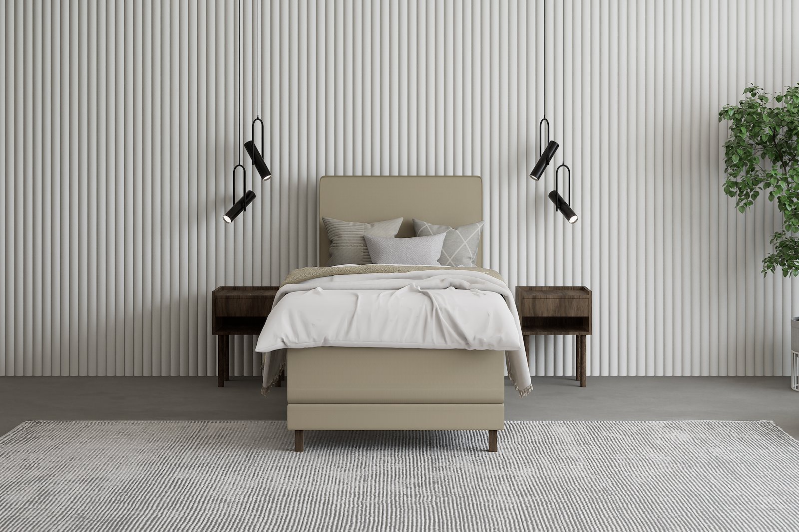 Premium 14 regulerbar seng 105x210 cm Tekstil Storm 09 mørk beige, fast, Premium 14 overmadrass med røkfarget 15 cm ben, gavl selges separate.