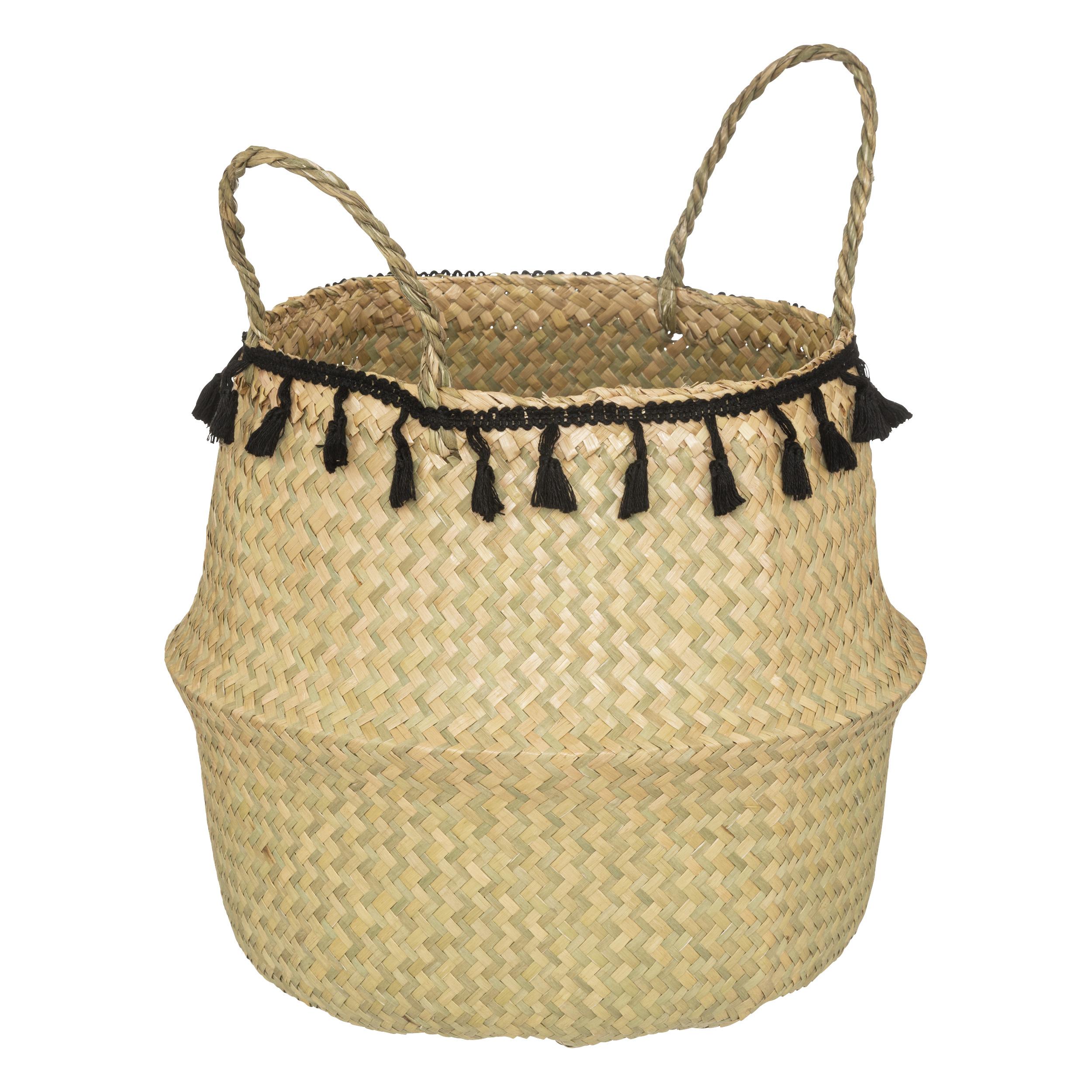 PANIER PLI POMPONS NOIR ALINA D.30X37CM