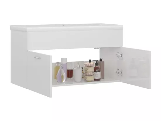 Armoire d'évier avec lavabo intégré Blanc brillant