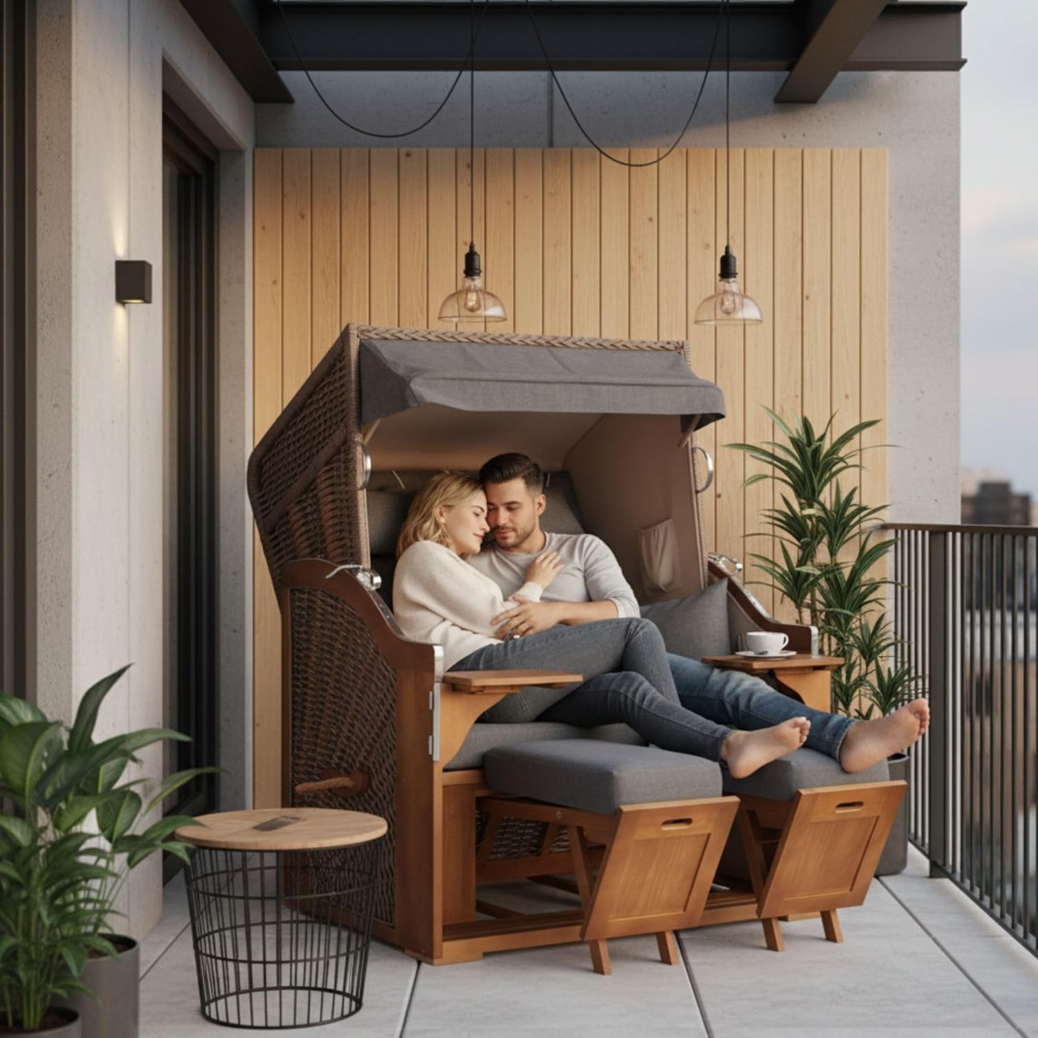 Strandkorb Schleswig Pinie Braun PE Mokka Dessin 560 | 2 Sitzer wetterfest | Ostseefeeling Garten Balkon | Roofed Wicker Beach Chair | Strandkörbe Volllieger Pinienholz | Fertig montiert