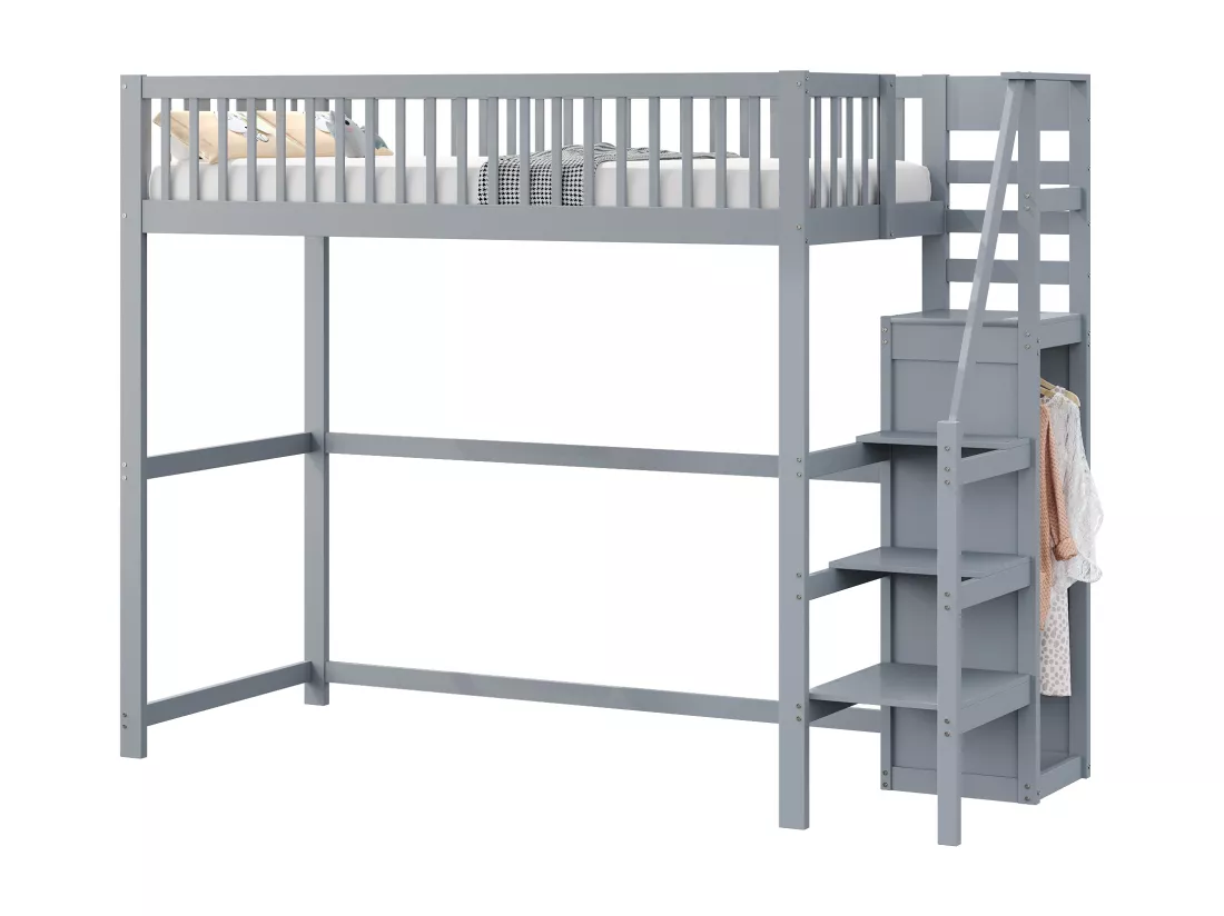Lit mezzanine 90 x 200 cm avec armoire et escalier - Bois massif + contreplaqué + MDF - Gris (Sans matelas)
