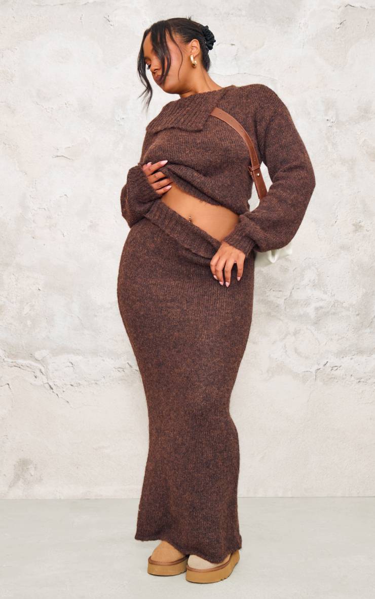 Chocolat Jupe Maxi En Maille Chinée Grande Taille Avec Taille Repliée