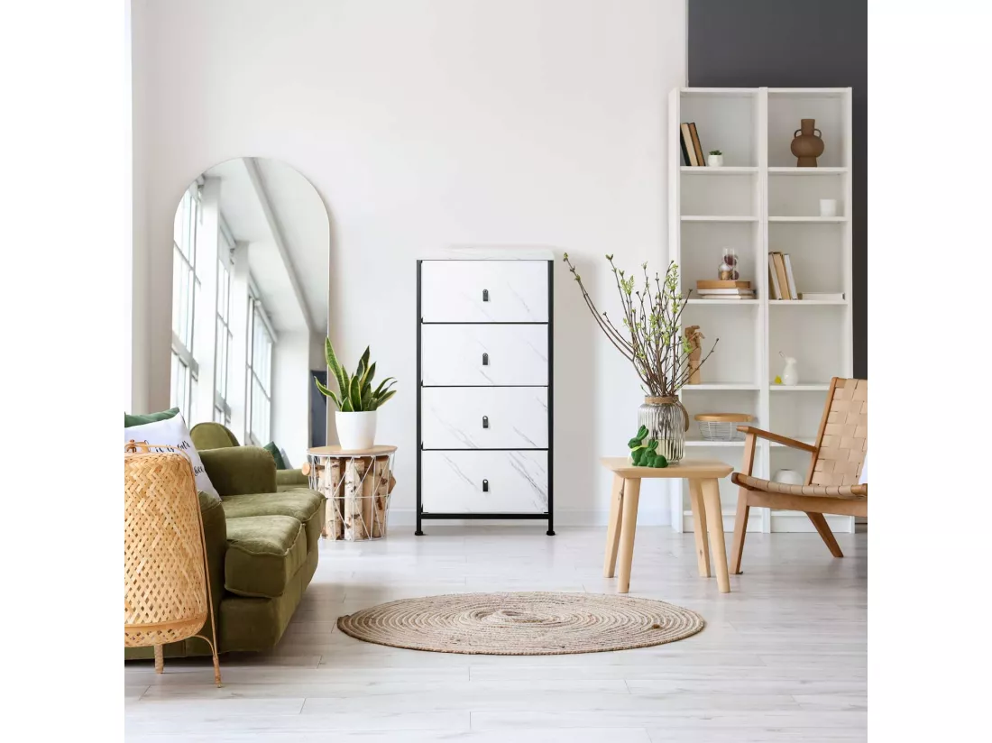Apollonia - Commode 4 tiroirs en tissu, façade et étagère supérieure en bois mélaminé stratifié