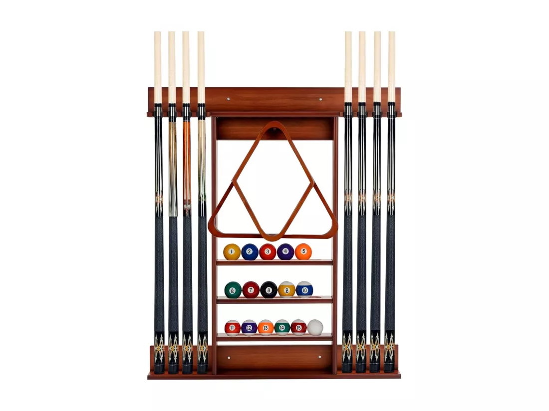 Porte-Queues de Billard Mural, Support de Billard 8 Queues et Rainures à 3 Niveaux 15 Porte-balles, 1 Porte-boules en Bois de Pin pour Salle de Billard, Club (Marron)