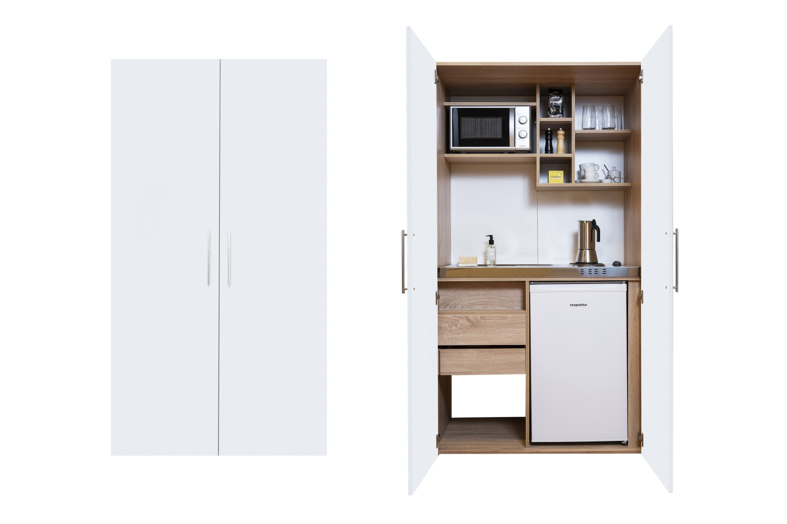 RESPEKTA Schrankküche - weiß - Eiche sägerau - mit E-Geräten - 104 cm breit