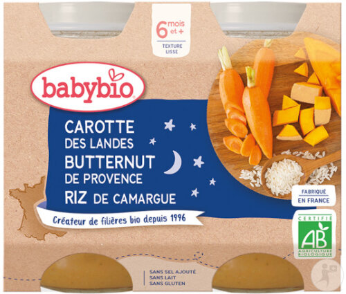 Babybio Carotte Des Landes Butternut De Provence Riz De Camargue Bébés 6+ Mois 2x200g