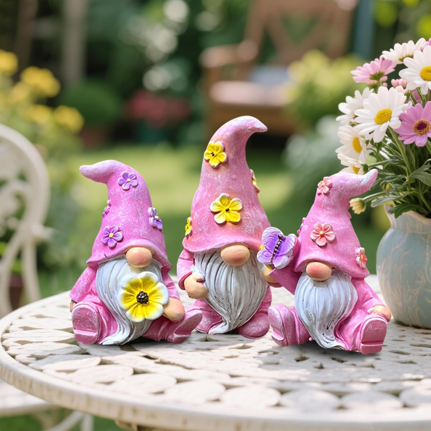 (3er Set) Miniatur Figuren Garten Dekoration Mini Wichtel Zwerge für Blumentopf / Garten - Rosa