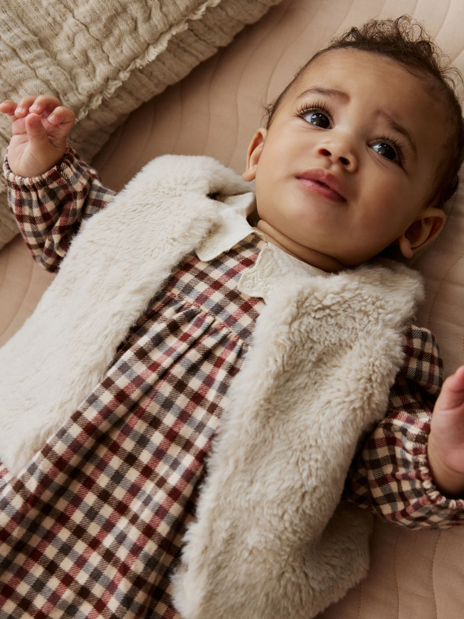 Paarsrood/crème geruit - 2 -delige babyjurk en gilet set (0mnd-2jr)