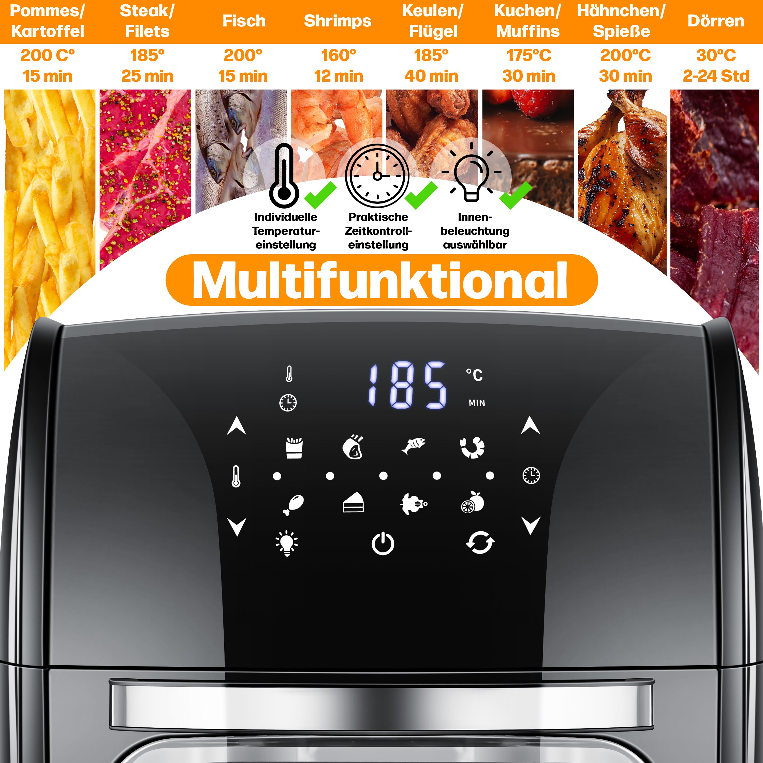 KESSER® XXL Airfryer 9in1 Heißluftfritteuse Fritteuse Drehgrill Mikrowellen Rezeptheft Grillspieß 1800 Watt fettfrei grillen 8 Programme inkl. Zubehör