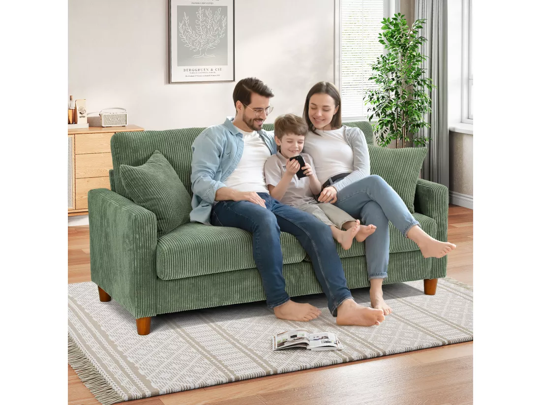 Canapé en velours 2 Places, avec 2 Coussins, sièges profonds de 56cm, 178x76x89cm, Vert
