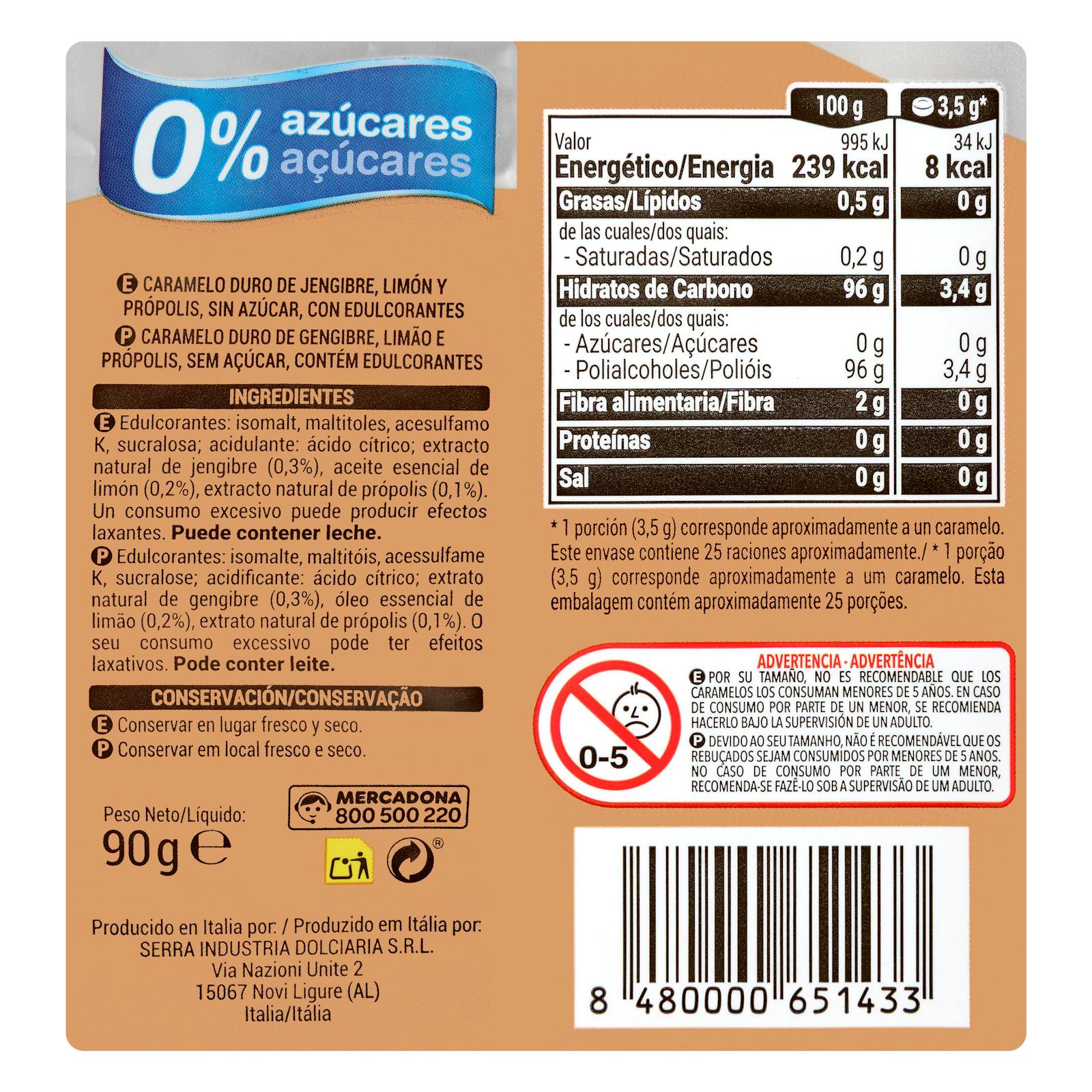 Bonbons Hacendado gingembre et propolis 0% sucre