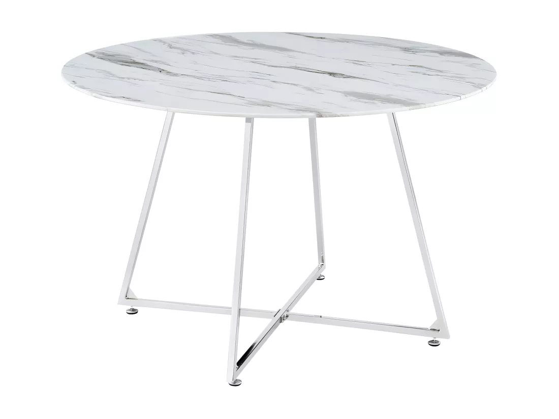 Table à manger ronde 4 personnes heloise chrome verre effet marbre blanc d120 cm