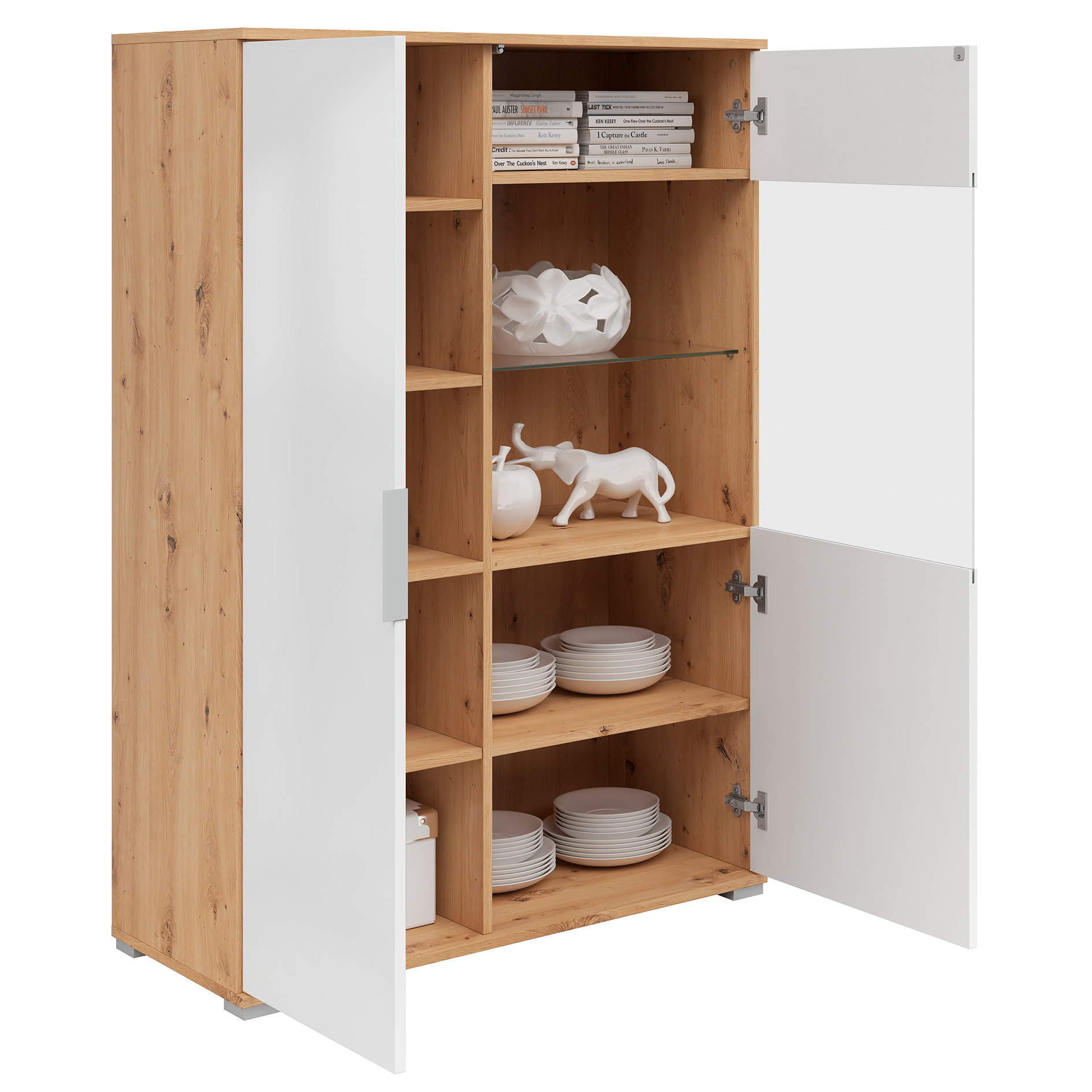 Highboardvitrine - weiß Glanz - Artisan Eiche - 90 cm breit