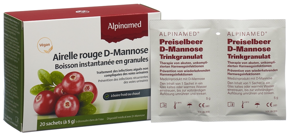 ALPINAMED Preiselbeer D-Mannose Trinkgranulat<br>20 × 5 g, Beutel, Granulat zur Herstellung einer Lösung zum Einnehmen