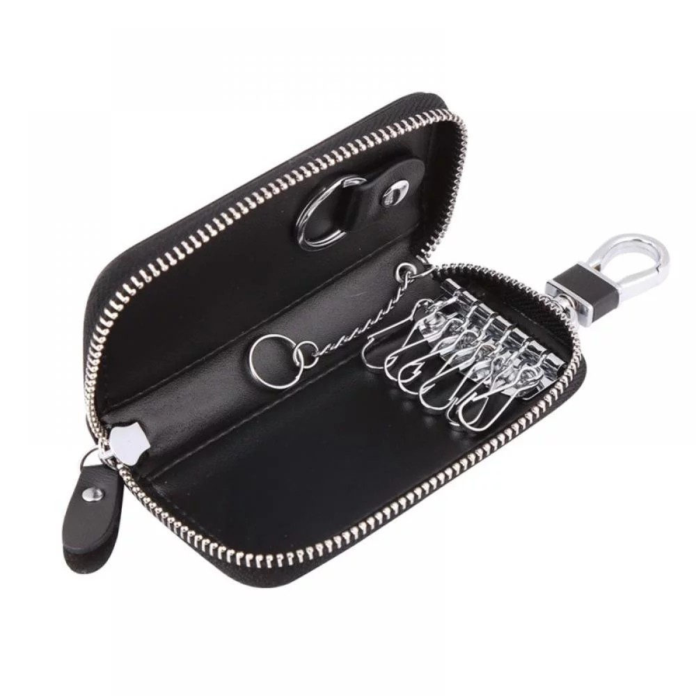(11x6cm) Echtleder Keyless Go Autoschlüssel Aufbewahrung Schlüssel Organizer Etui mit Karabiner - Schwarz
