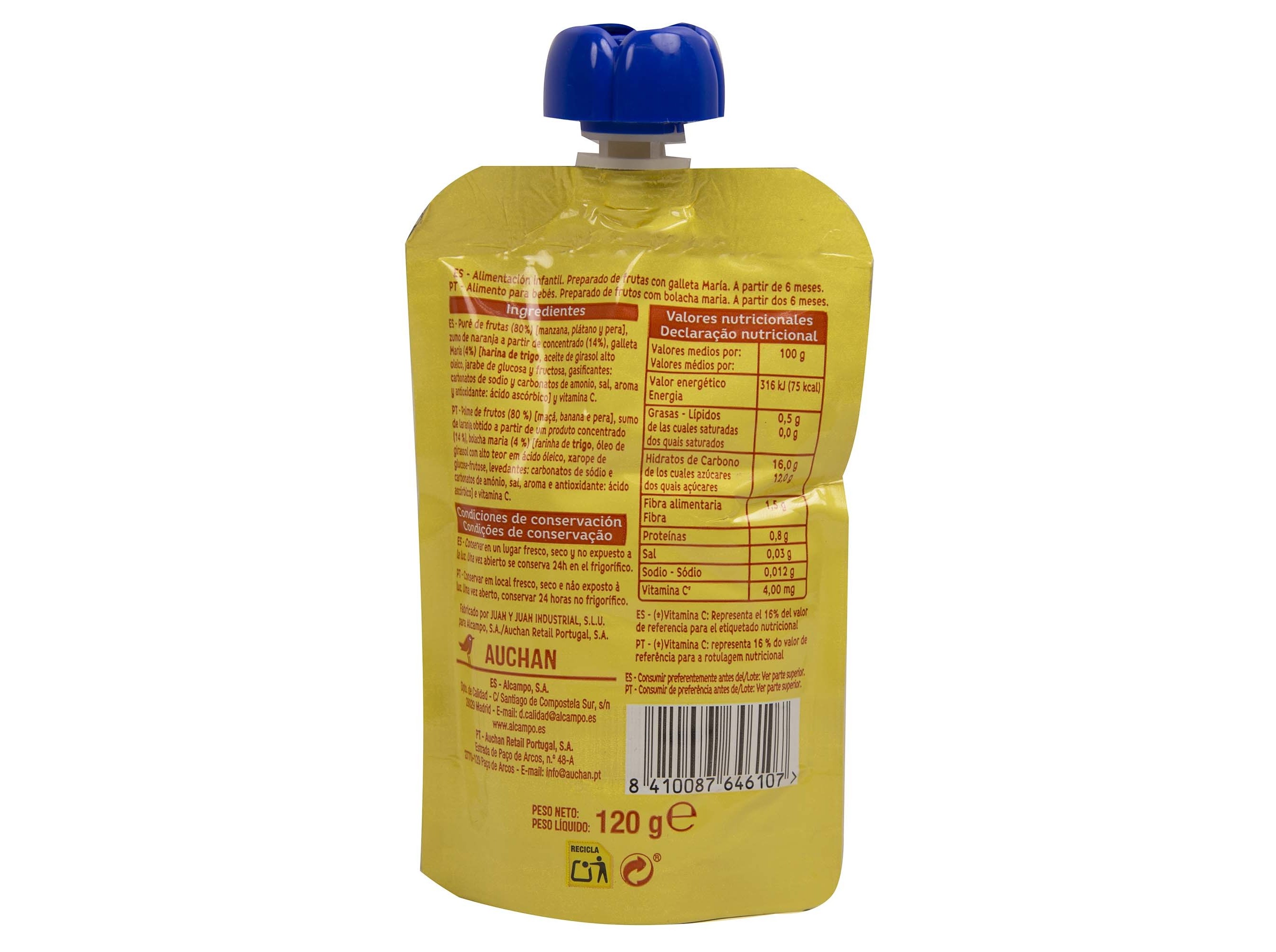 SAQUETA FRUTA AUCHAN BABY BOLACHA MARIA 120G