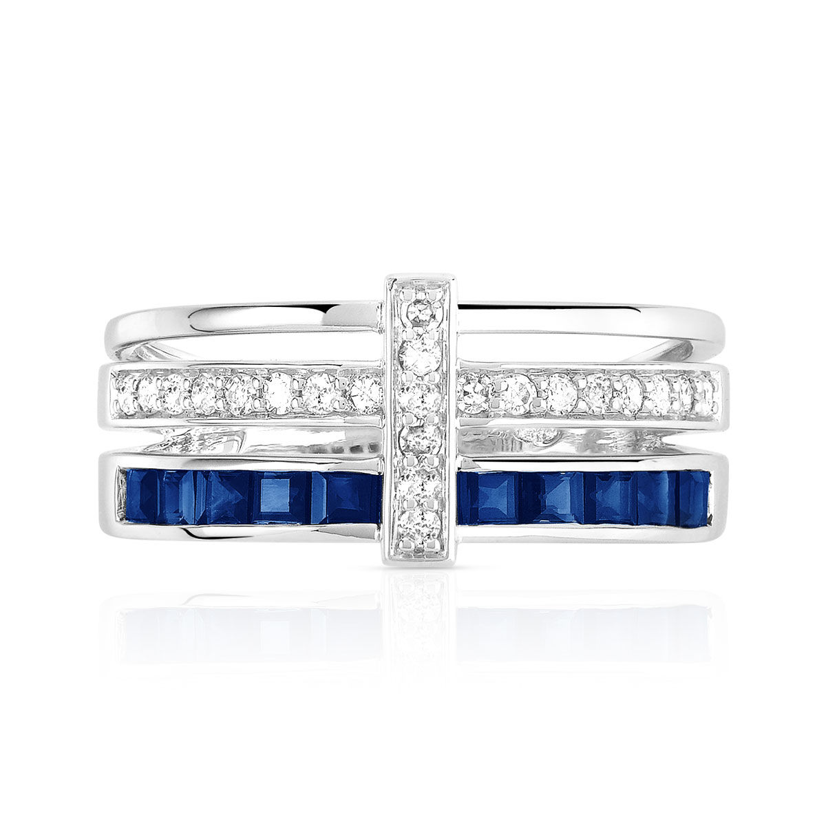 Bague or 750 blanc triple anneau saphirs carrés et diamants