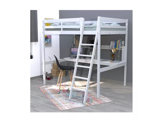 Lit mezzanine STUDIO 140x190 + 1 sommier + bureau + étagère / Blanc