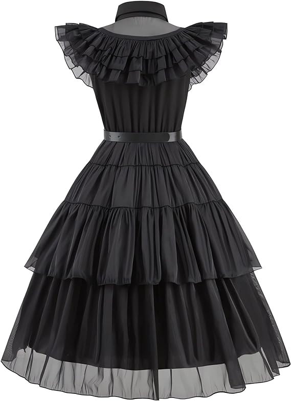 (130-150cm) Fasnachts Kinder Kostüm Wednesday Addams Kleid Verkleidung für Motto Partys / Halloween inkl. Leder Gürtel - Schwarz
