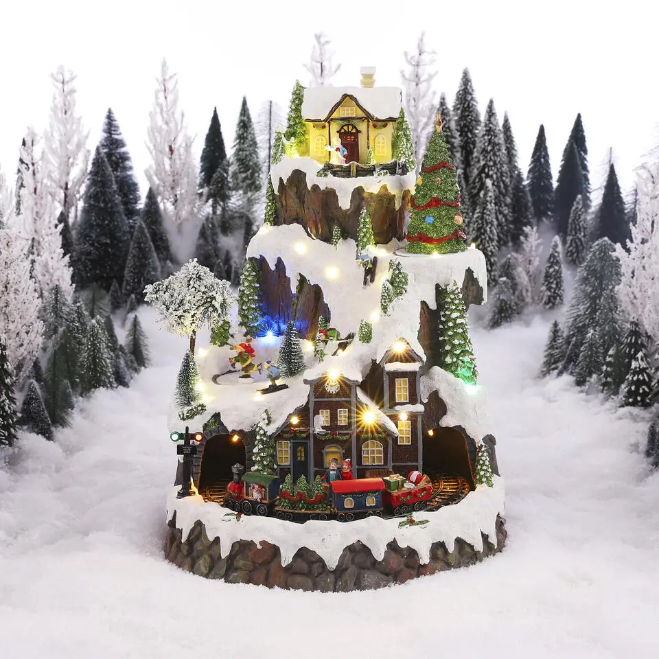 LuVille Kerstdorp Miniatuur Bergdorpje met Trein - H43 x Ø31 cm