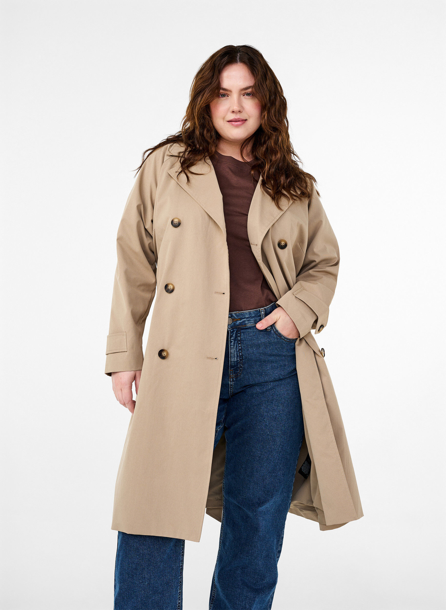 Klassisk lang trenchcoat med bælte