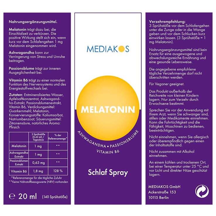 Melatonin Ashwagandha Mediakos Schlaf Spray vegan, 50 ml