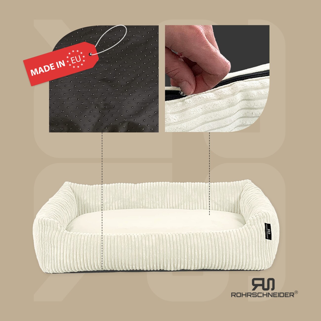 Rohrschneider Hundebett waschbar, robuster Breit-Cordstoff mit Gratis-Beigabe