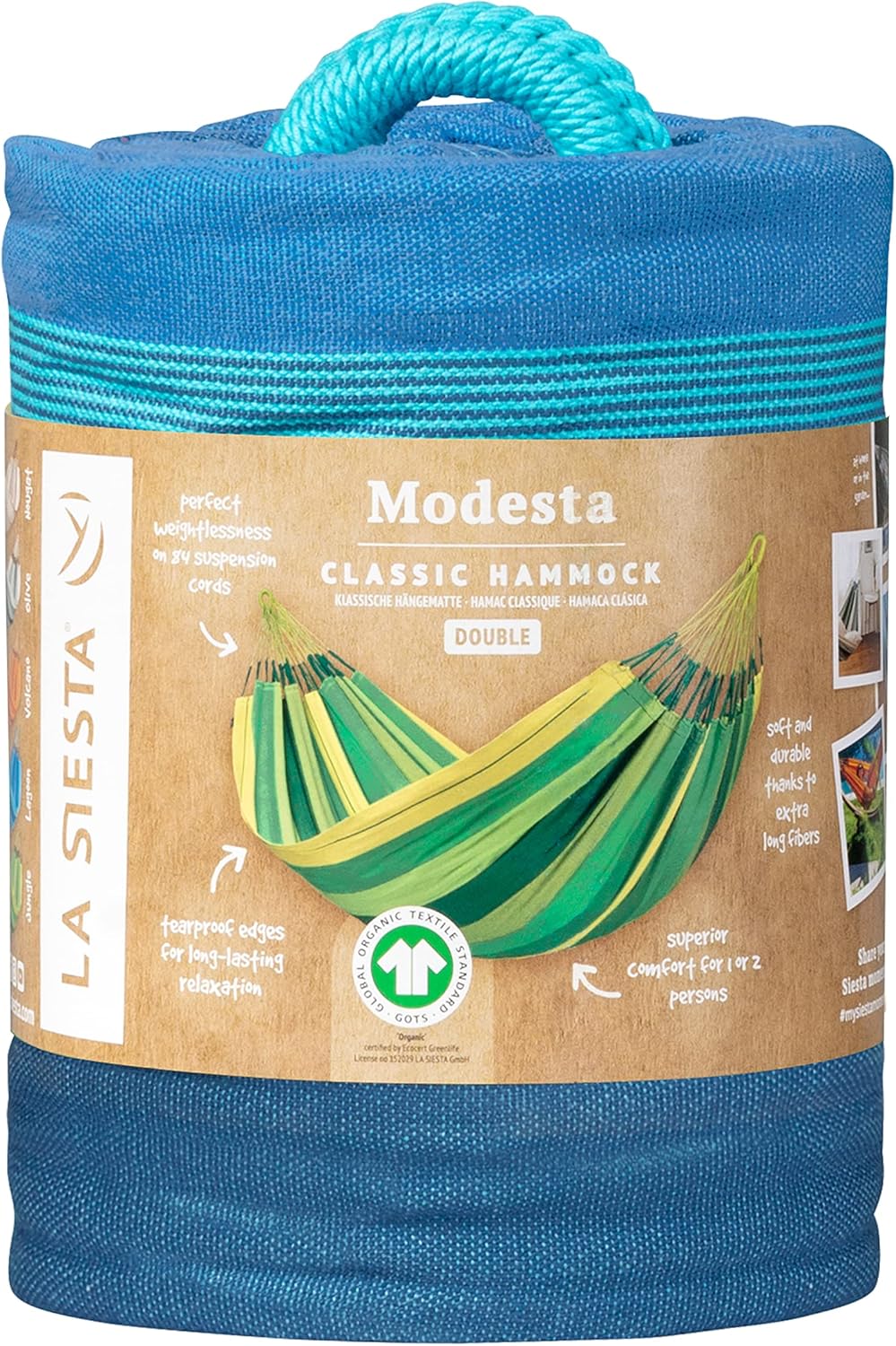 LA SIESTA® Modesta Lagoon - Klassische Doppel-Hängematte aus Bio-Baumwolle