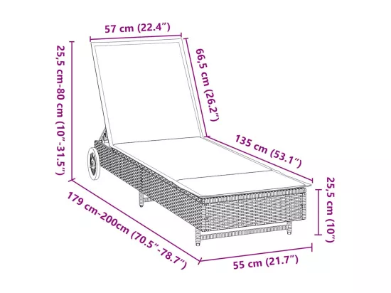 Chaise longue avec roues et coussin noir résine tressée