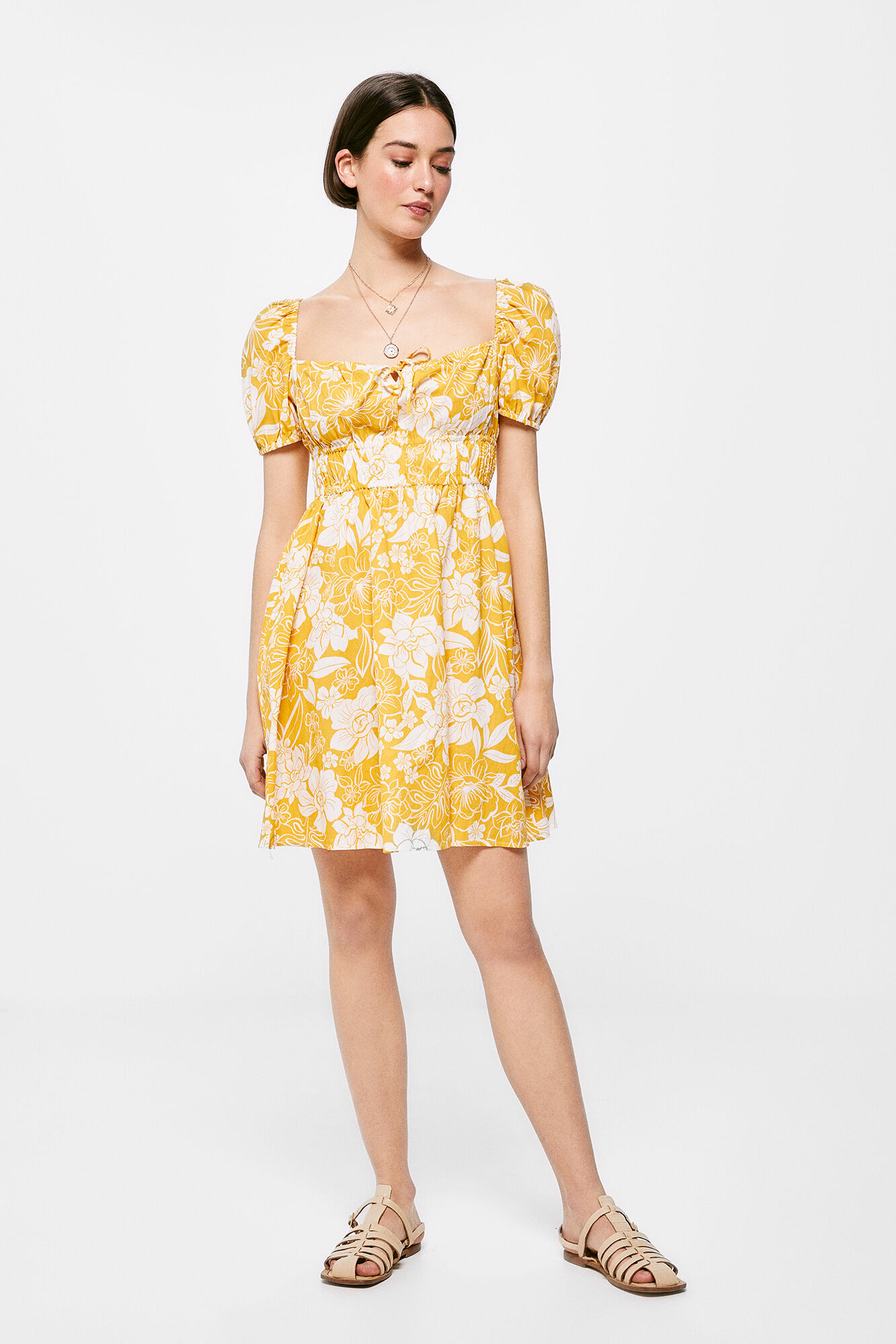 Vestido curto estampado em linho e algodão - Estampa amarela