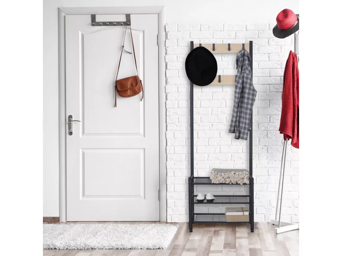 Porte manteaux d'entrée avec 3 étagères à chaussures en bois et métal