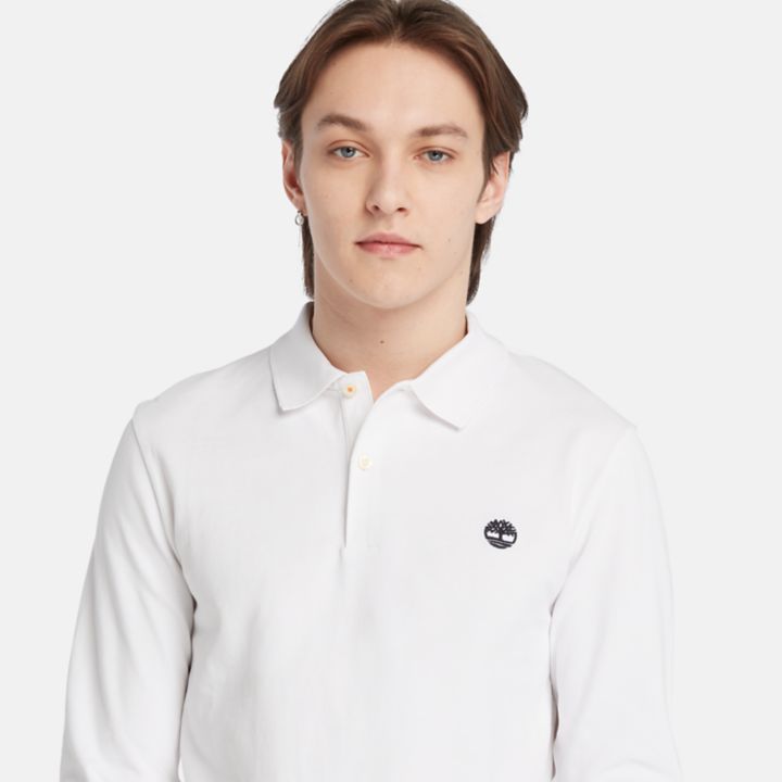 Camisa polo de manga comprida Millers River em piqué para homem, na cor branca.