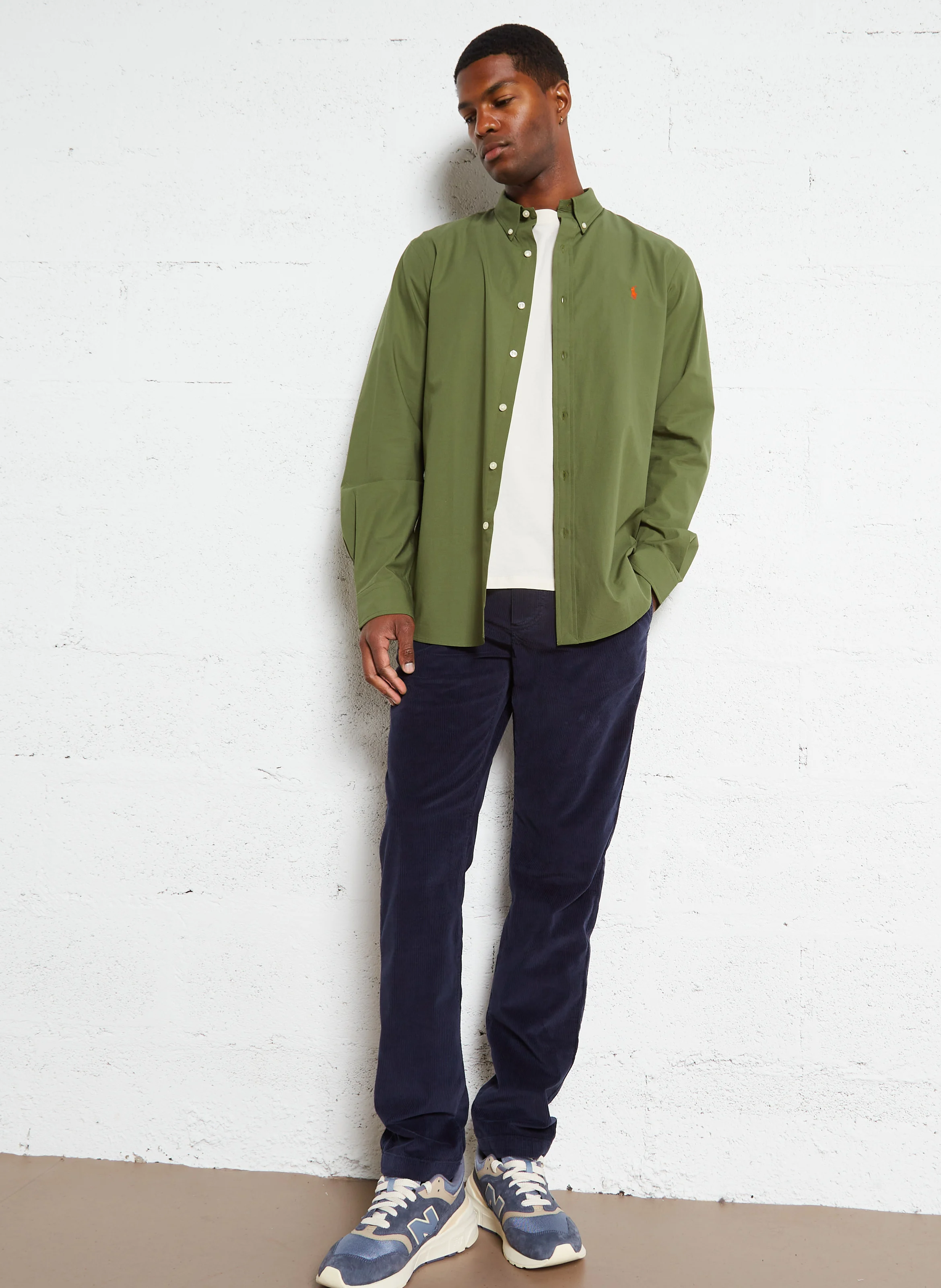 Chemise col américain en coton mélangé | Vert