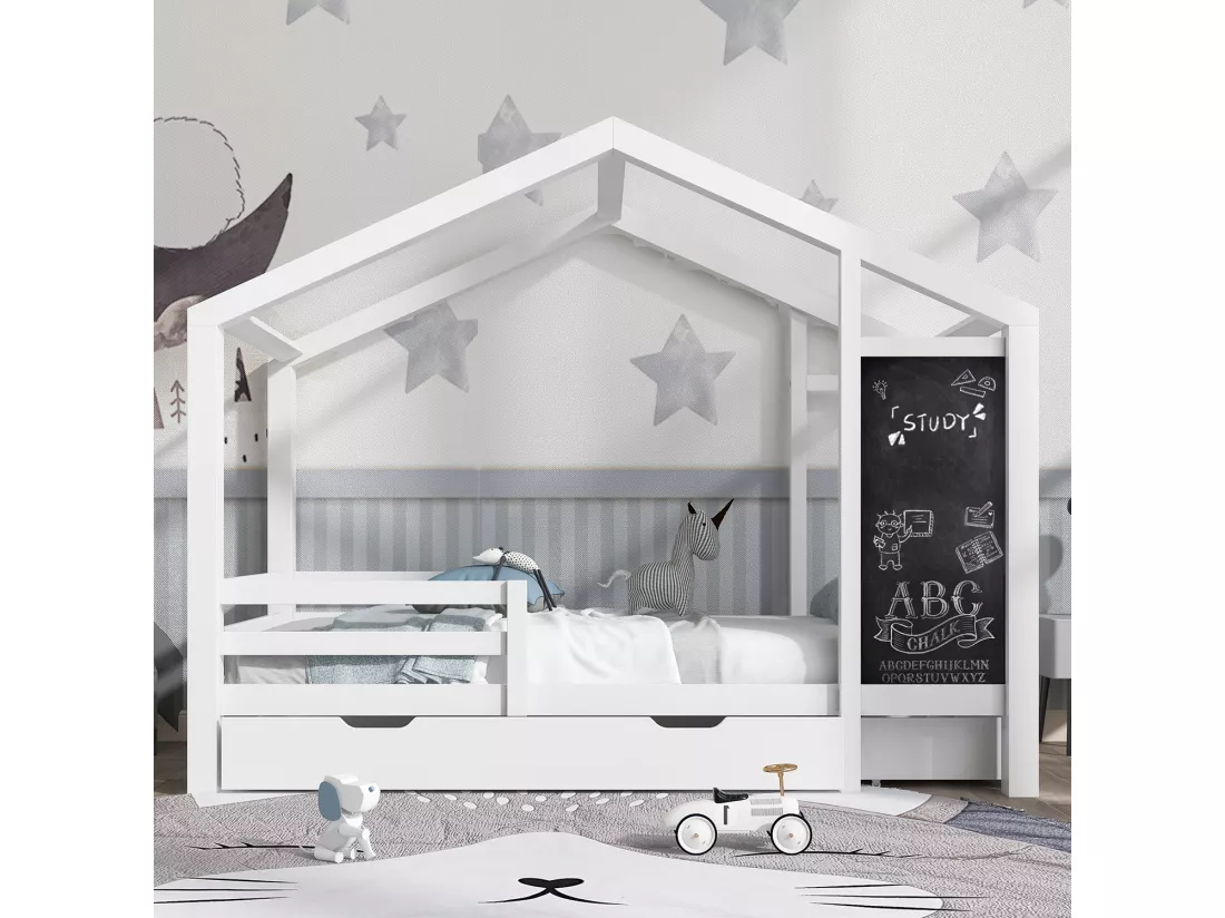 Lit gigogne cabane 2 x 90 x 200 cm - 2 tiroirs - Pin - Blanc - Sweiko