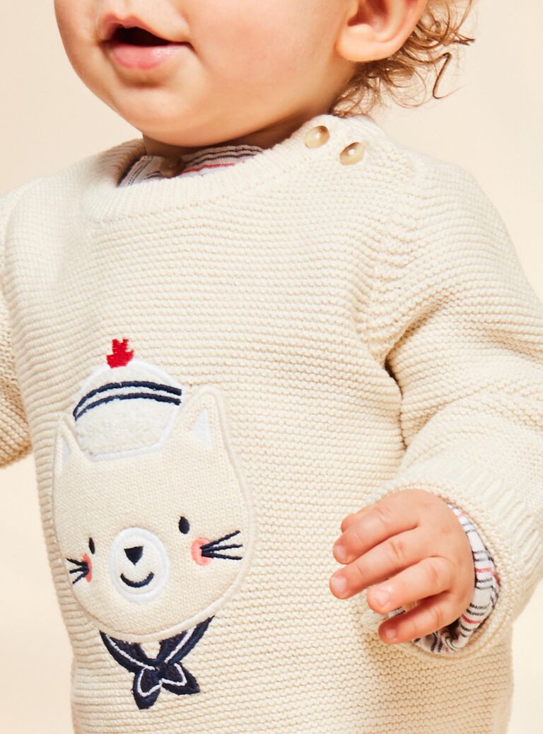 Pull beige chiné en tricot avec chat marin