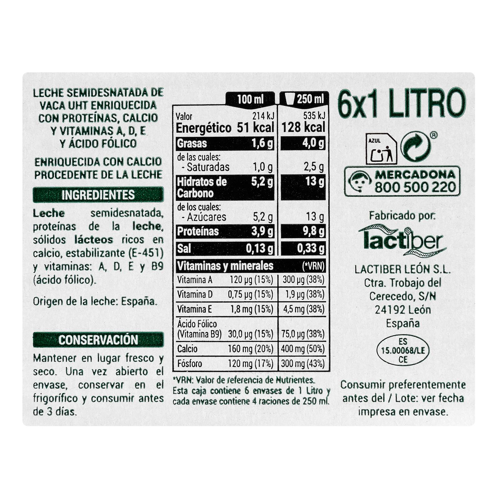 Lait demi-écrémé Hacendado calcium