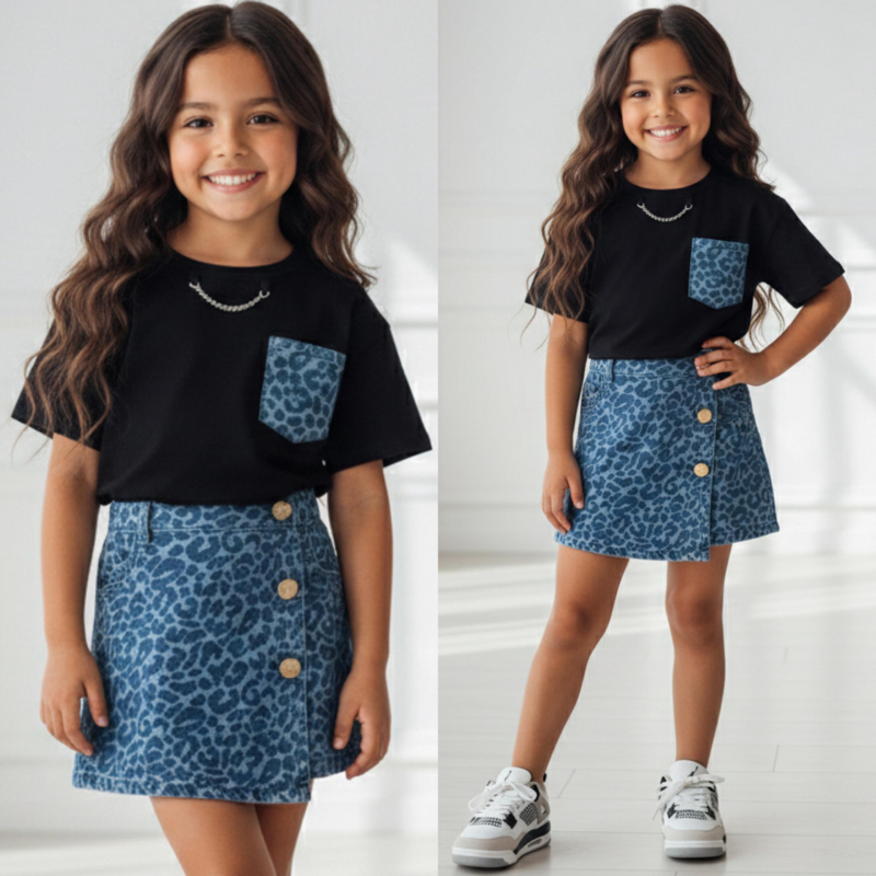 Blocked & leo denim skort set - zwart