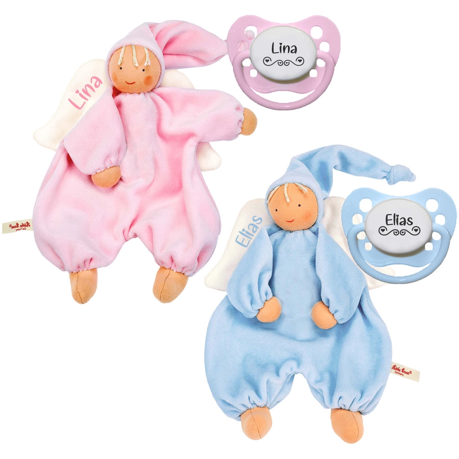 Schnullireich Geschenkset Käthe Kruse Schmusetuch Gugguli Engel mit Namen + NIP Namensschnuller Rosa