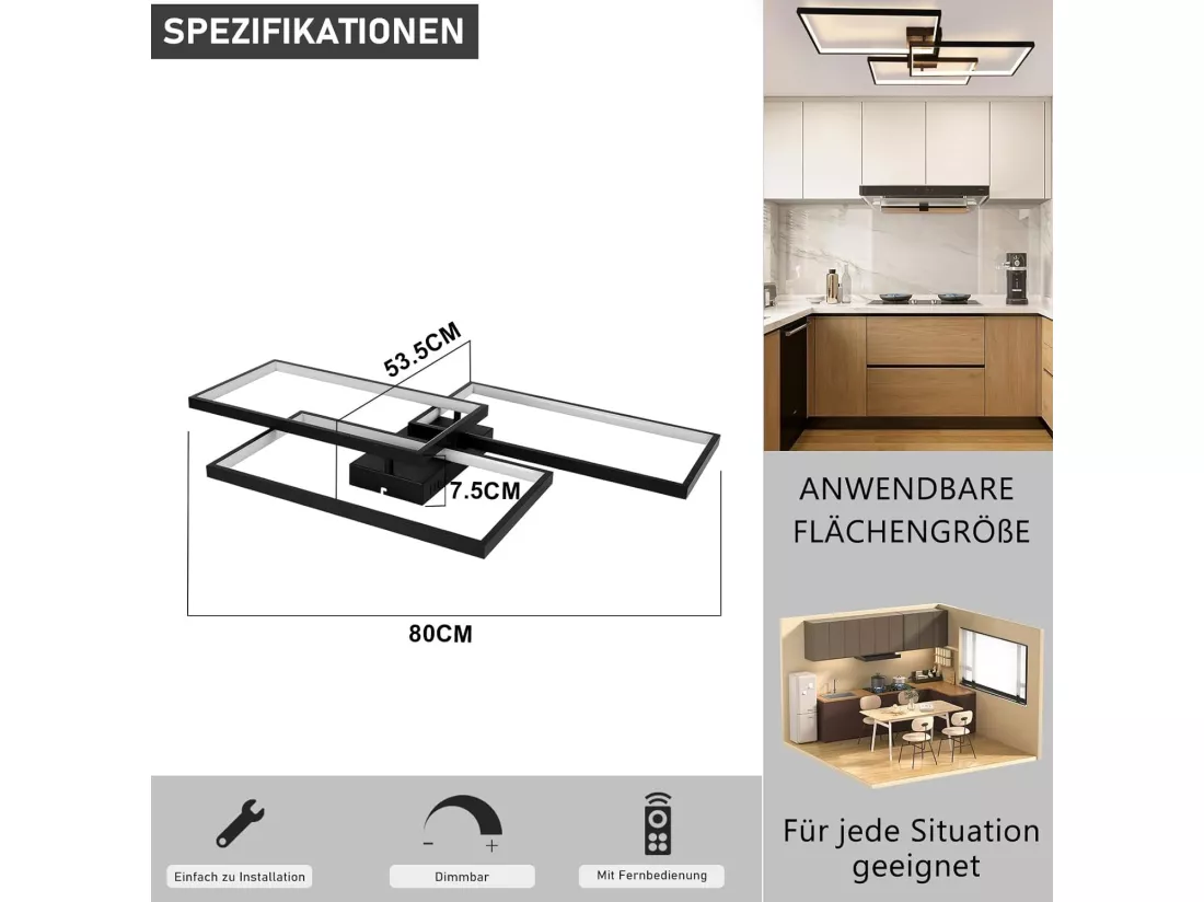 NETTLIFE Plafonnier LED Métal Noir 72W 80CM Salon Lampe de Salon Moderne Dimmable avec Télécommande Design Rectangulaire pour Cuisines