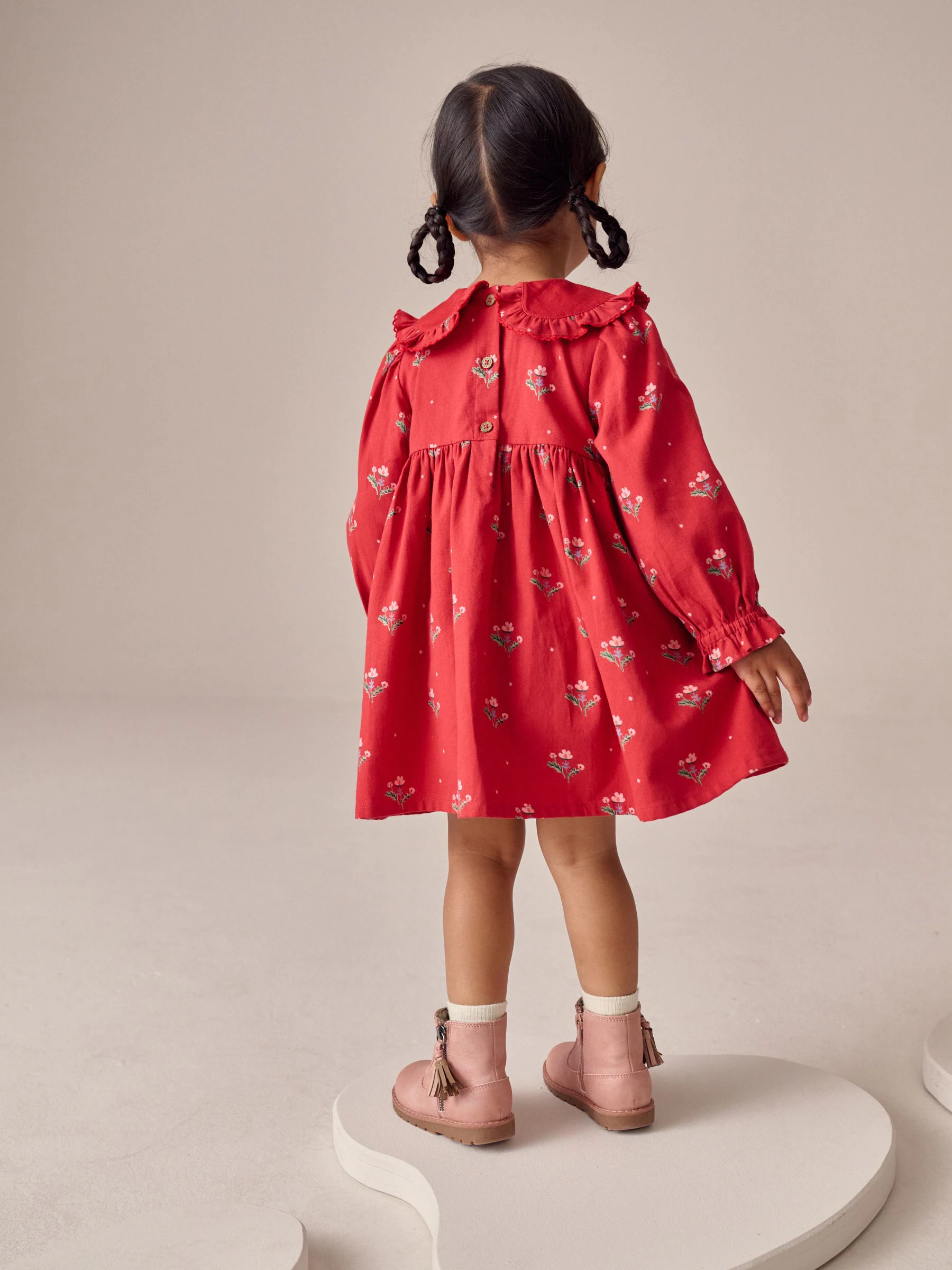 Rood gebloemd - Collar Long Sleeve Dress (3mths-8yrs)