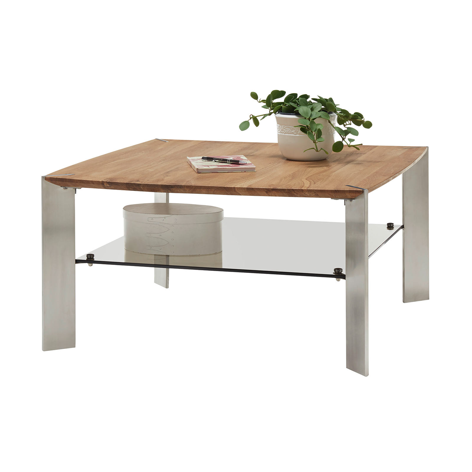 Couchtisch - Asteiche massiv-Edelstahl - Glasablage - 50 cm