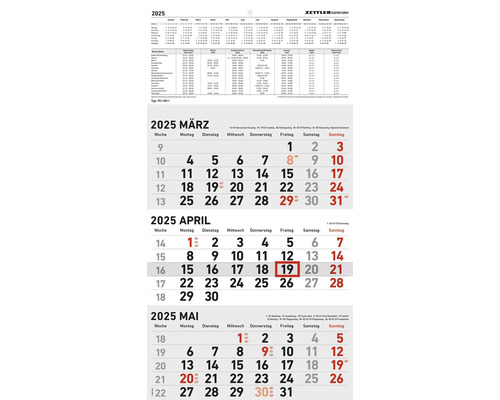 Wandkalender, 3-maandskalender, rood/zwart, 2025, 23,7 x 44,8 cm
